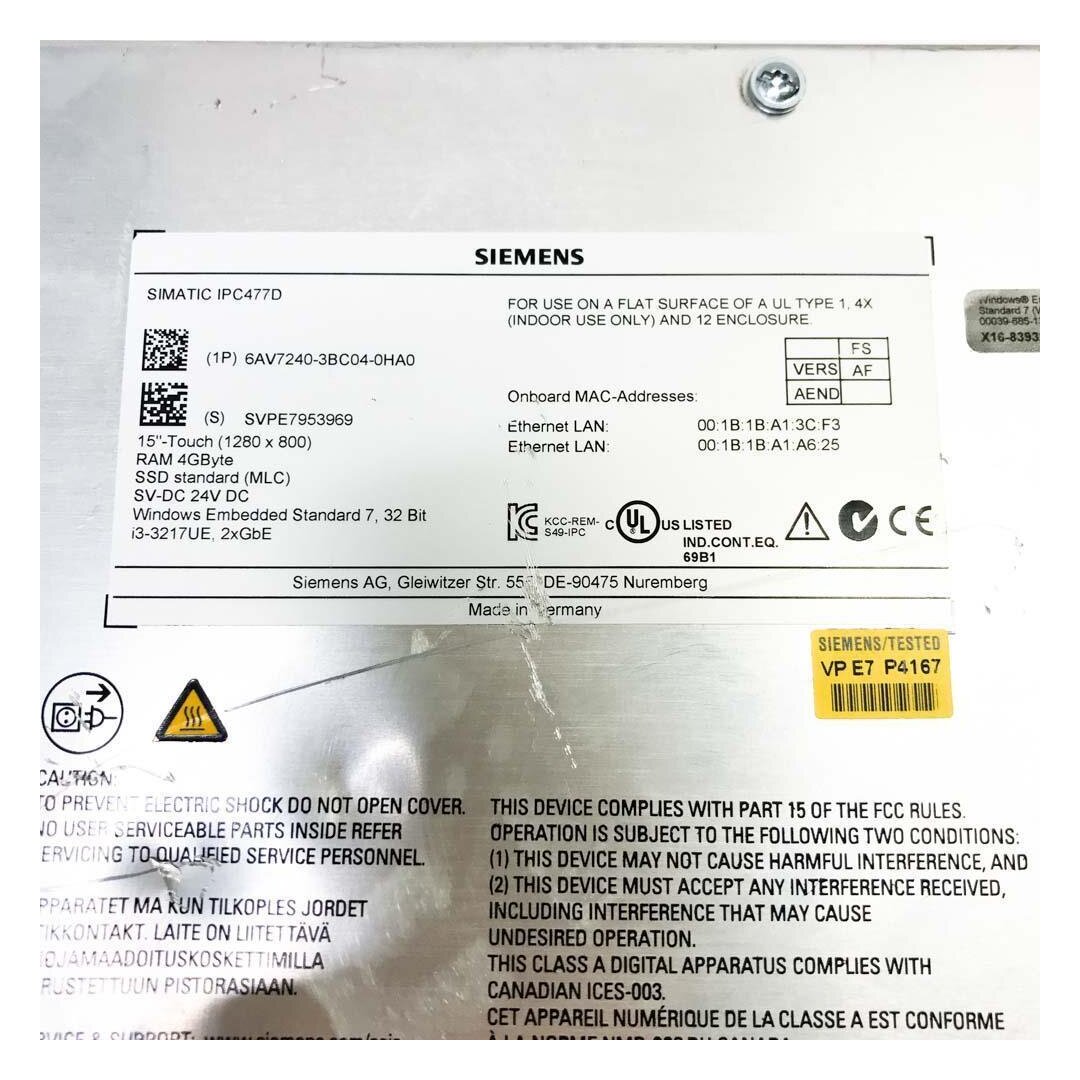 Siemens SIMATIC HMI 6AV7240 3BC04 0HA0 IPC477D Panel PC