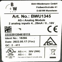 BIEHL+WIEDEMANN BWU1345 AS-I Analog Module, 2 analog 30V, 9W, 4...20mA Sicherheitmodul