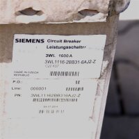 Siemens 3WL1116-2BB31-6AJ2-Z (ETU15B) Leistungsschalter 1600 A, 1000V 50/60Hz / 12kV, Ue 500V / 690V